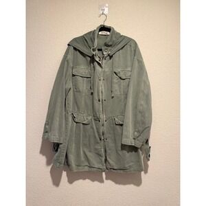 Three Bird Nest Oversized Green Hooded Utility Jacket Tiered Ruffle Hem L